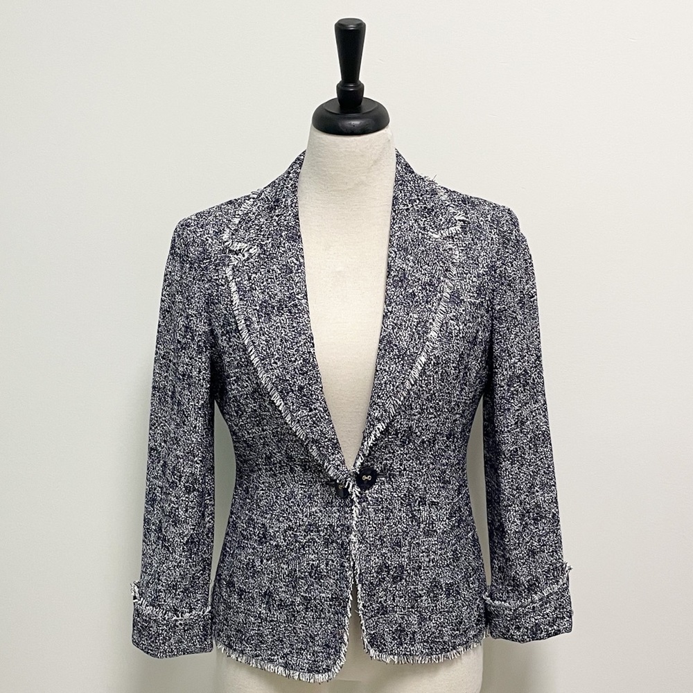 Talbots Navy Blue White Woven Fringe Trim Jacket NWOT 6 Removable Button Closure